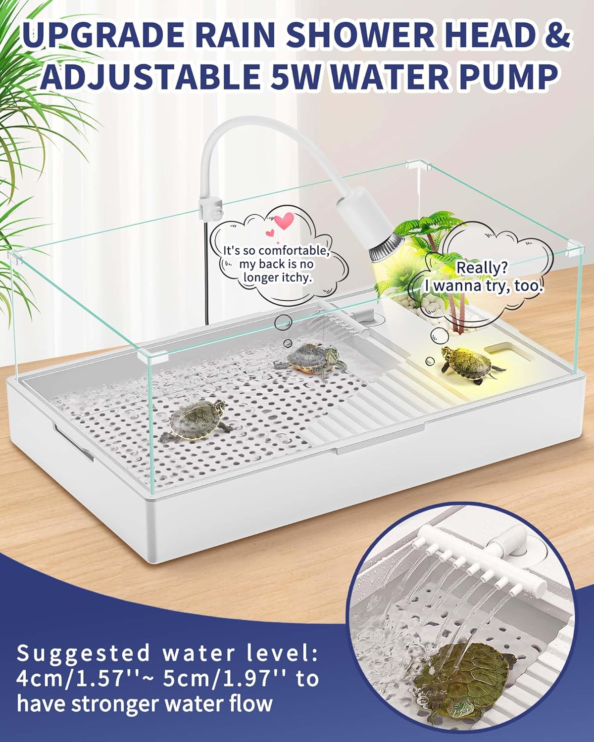 Large Turtle Tank Kit(Tank + Light + Water Pump), Acrylic Turtle Tank Starter Kit with Upgrade Rain Shower Head, Adjustable 5W Water Pump, Higher Fences and Multi-Function Area. (L-Kit)