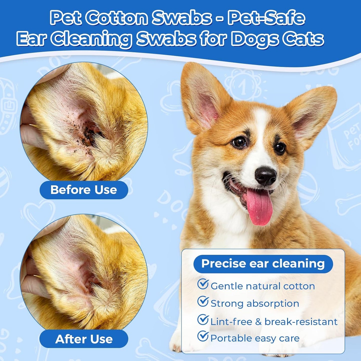 6 Inch Large Cotton Swabs for Dog Ear Cleaning - Extra Long Handle Dog Ear Swabs, Soft & Absorbent Big Cotton Tips, Perfect for Pet Care & Daily Grooming (100 Pcs)