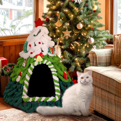 Cat Christmas Tree House Assembled Felt Cat Cave House Removable Comfortable Triangle Pet Teepee Xmas Dog Cave in Winter