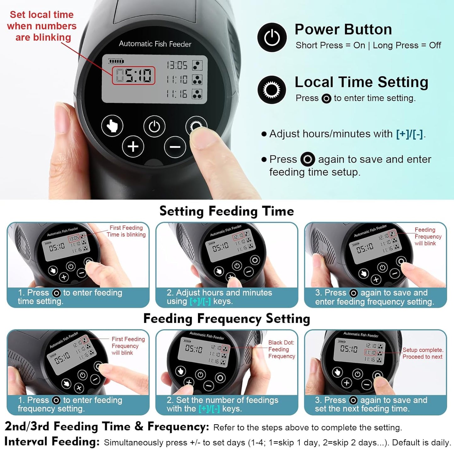 fishkeeper Automatic Fish Feeder for Aquarium - Moisture-Proof and Precision Feeding Auto Fish Food Dispenser with LCD Display Adjustable Betta Vacation Feeder with 2 AA Batteries (200ml)