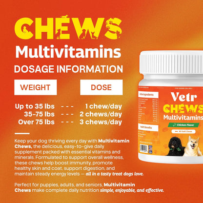 Vetr Multivitamin Treats for Dogs - Grain Free Dog Vitamins and Supplements for Skin & Coat, Glucosamine Chondroitin Joint Support - Chicken Flavored 60 Count - Vet-Formulated in USA