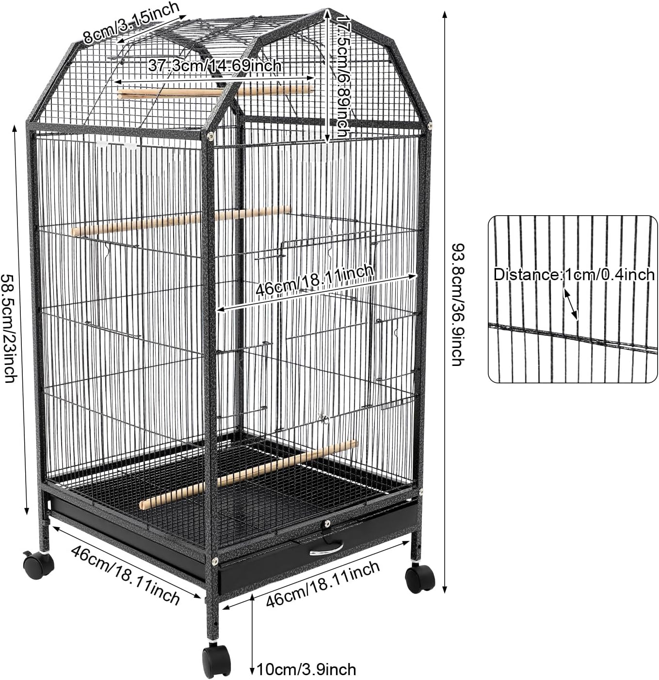 37-inch Iron Standing Parrot Parakeet Flight Bird Cage Bird Cage Birdcage with Rolling Stand for Small Parrot Sun Parakeet Green Cheek Lovebird Budgie Finch Canary
