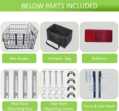 Bike Basket Suit for Front/Rear/Side of Bicycle with Removable Liner Bag, Dog Bike Basket Carrier for Travel, Large Size Basket More Storage, Ebike Accessoriest for Pets, Fruit & Grocery