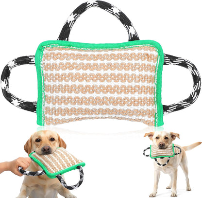 Durable Dog Jute Bite Pillow, 9.8“ x 6.7” Safe Biting Pad with 3 Strong Handles, Safe Tough Jute Tug of War Toy for Medium to Large Dogs Puppy Training, Green