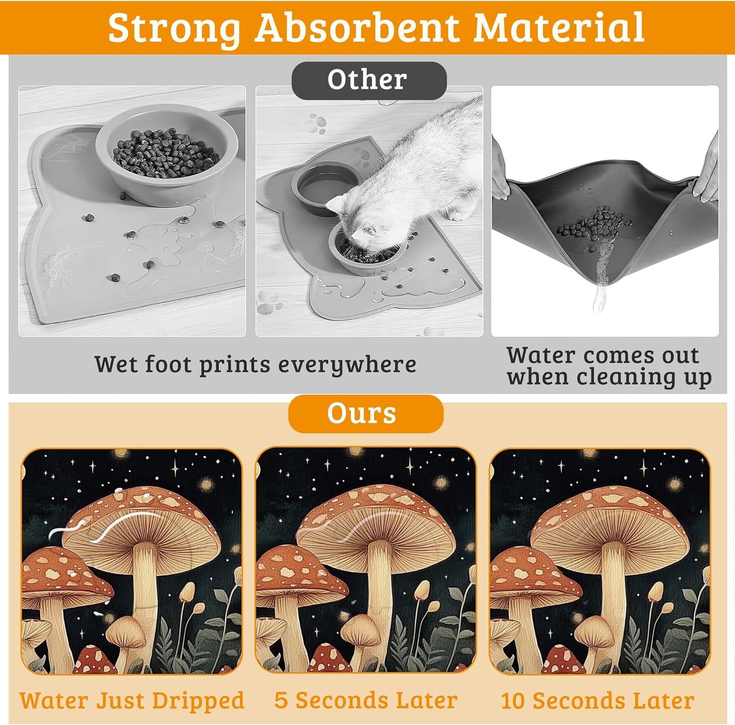 Fantasy Mushroom Dog Cat Food Mat,Butterfly Stars Absorbent Waterproof Placemat for Food and Water Non Slip Rubber Backing Durable Feeding Pad for Clean Floors 16" x 24"