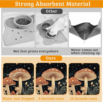 Fantasy Mushroom Dog Cat Food Mat,Butterfly Stars Absorbent Waterproof Placemat for Food and Water Non Slip Rubber Backing Durable Feeding Pad for Clean Floors 16" x 24"