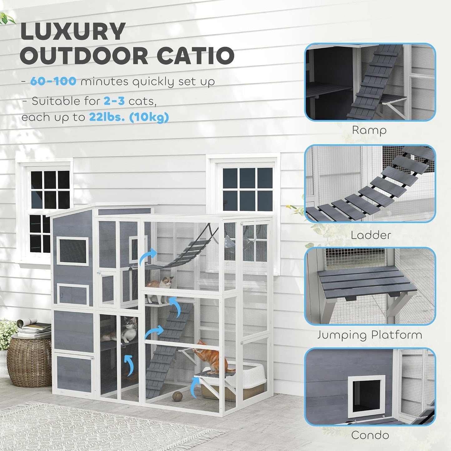 PawHut Catio Outdoor Cat Enclosure, Large Wooden Cat House with Resting Rooms, Platforms, Hammock, Soft Ladder, Ramps, for 2-3 Kittens, 76" x 36" x 68", Gray