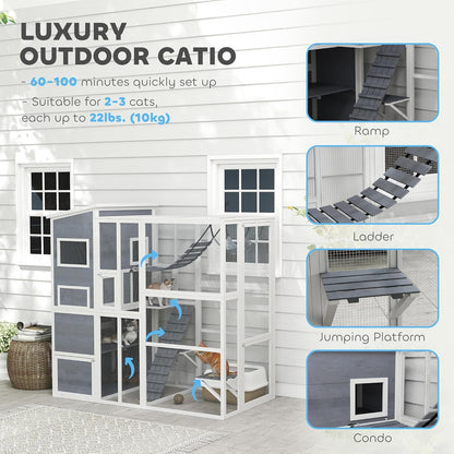 PawHut Catio Outdoor Cat Enclosure, Large Wooden Cat House with Resting Rooms, Platforms, Hammock, Soft Ladder, Ramps, for 2-3 Kittens, 76" x 36" x 68", Gray