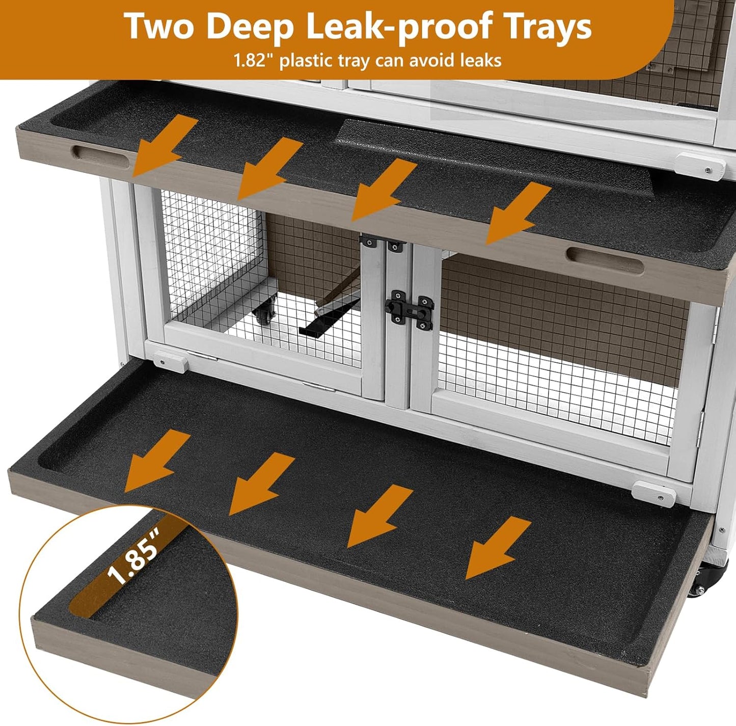 2 Story Rabbit Hutch Indoor & Outdoor, Wooden Rabbit Cage with 2 Leak-Proof Pull-Out Trays, 4 Wheels, Ramp, Chew-Anti Metal Strip for Rabbit, Guinea Pig, Hamster (36" L x 17.8" W x 36.7" H)