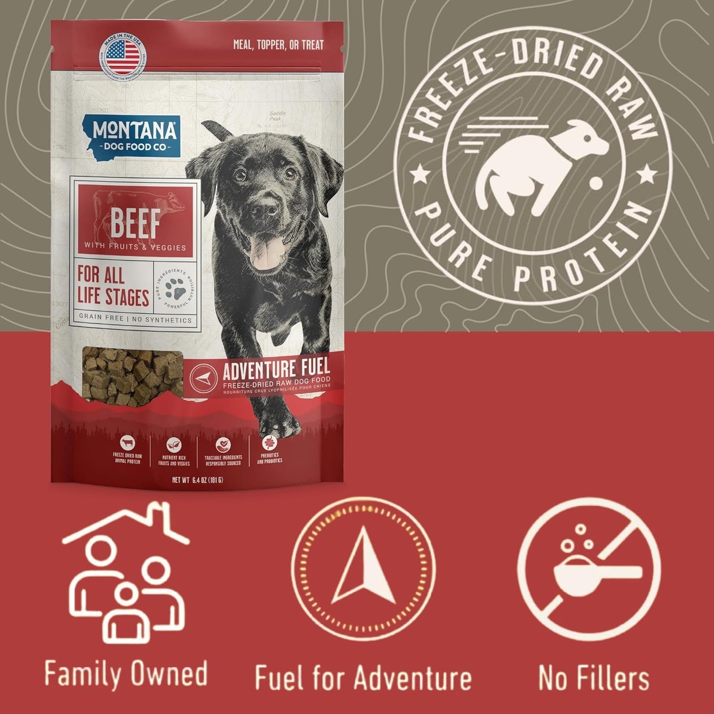 MONTANA DOG FOOD CO. Freeze-Dried Raw Beef Recipe Dog Food – Grain-Free, High-Protein Meal or Topper, Made in USA with USA Ingredients -6.4 oz Bag
