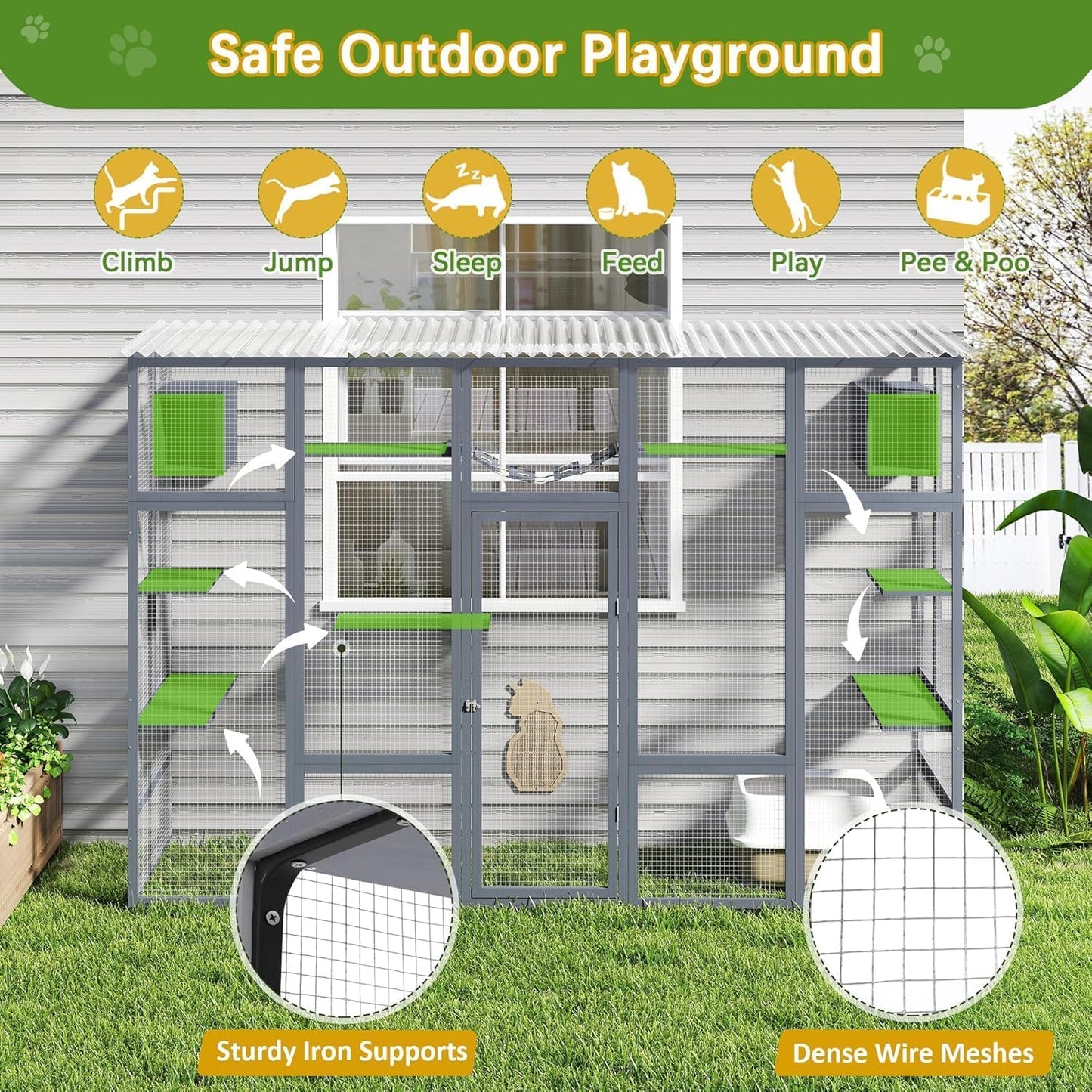 COZIWOW Catio Outdoor Cat Enclosure Window, 104" Wooden Large Catio Outside Cattery for Multiple Cats with Sloped Waterproof Cover, Grey