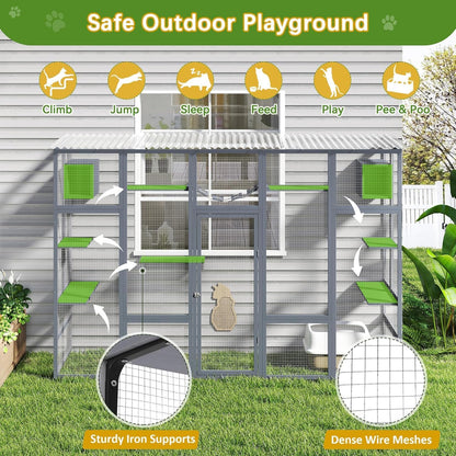 COZIWOW Catio Outdoor Cat Enclosure Window, 104" Wooden Large Catio Outside Cattery for Multiple Cats with Sloped Waterproof Cover, Grey