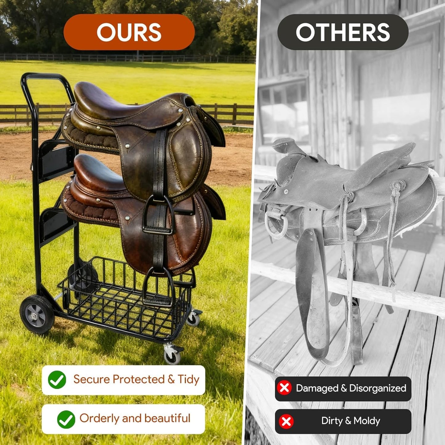 2 Tier Rolling Saddle Rack Cart with Basket,32" ×17",Foldable Horse Tack Cart with Wheels, Load 220 Lbs Capacity, Heavy Duty Horse Trailer Organizer, for Moving, Organize Tack