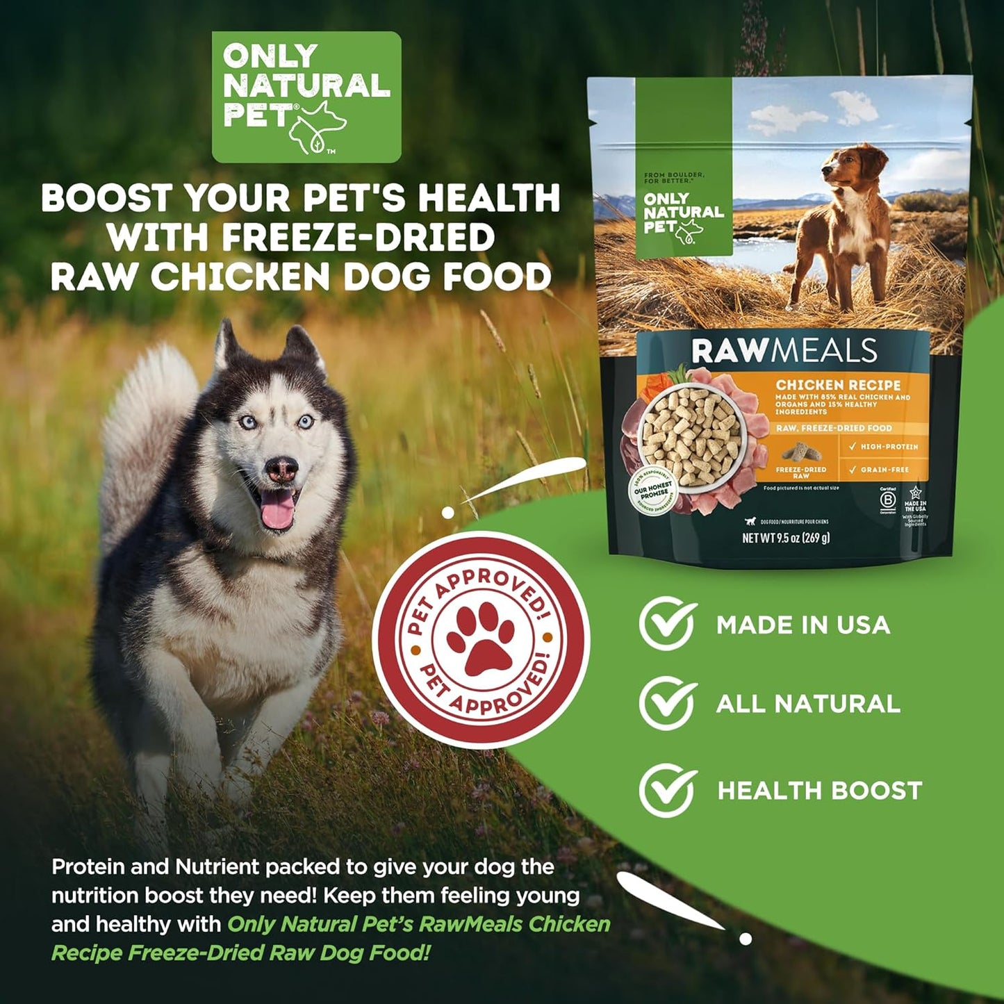 Only Natural Pet RawMeals Chicken Recipe Freeze-Dried Dog Food - High-Protein, Grain-Free, with Organ Meat, Fruits & Veggies - Complete Meal, Topper, or Treat for All Breeds & Picky Eaters - 9.5 oz