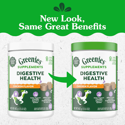 Greenies Supplements Digestive Health Probiotics for Dogs Chicken Flavor, 15.6 oz. Tub of 80 ct.