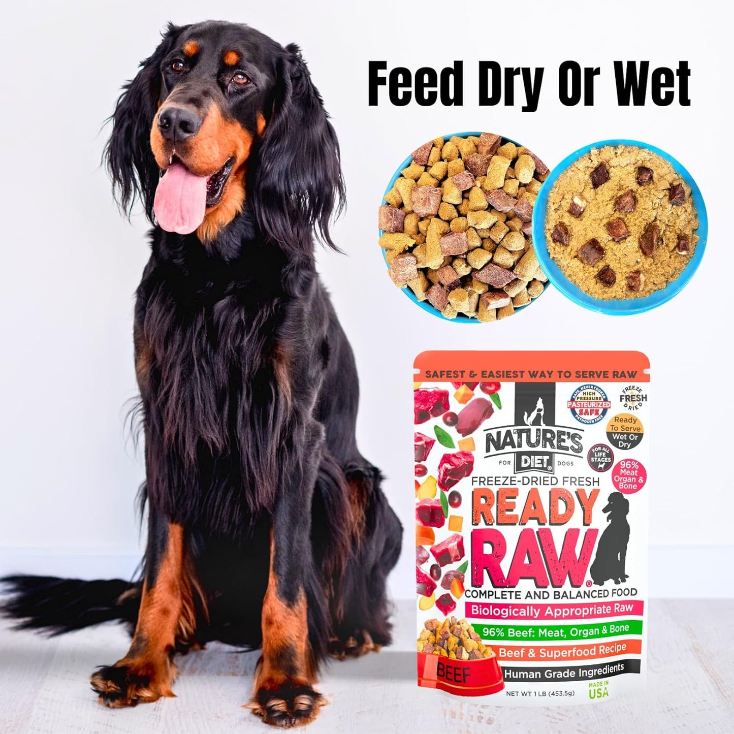 Nature's Diet® Ready Raw® Freeze-Dried Raw Dog Food, Beef, Human Grade, High Pressure Pasteurized (HPP), 96% Meat, Organ, Bone, Safe & Natural, Dry or Wet Feeding