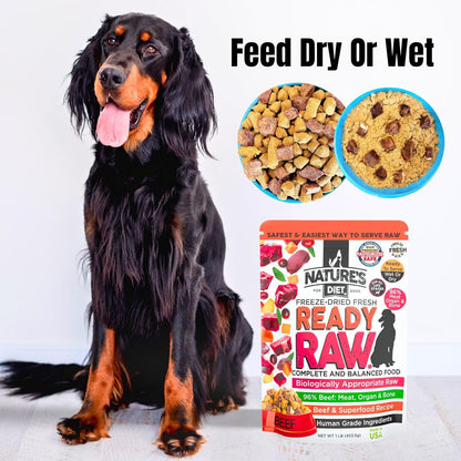 Nature's Diet® Ready Raw® Freeze-Dried Raw Dog Food, Beef, Human Grade, High Pressure Pasteurized (HPP), 96% Meat, Organ, Bone, Safe & Natural, Dry or Wet Feeding
