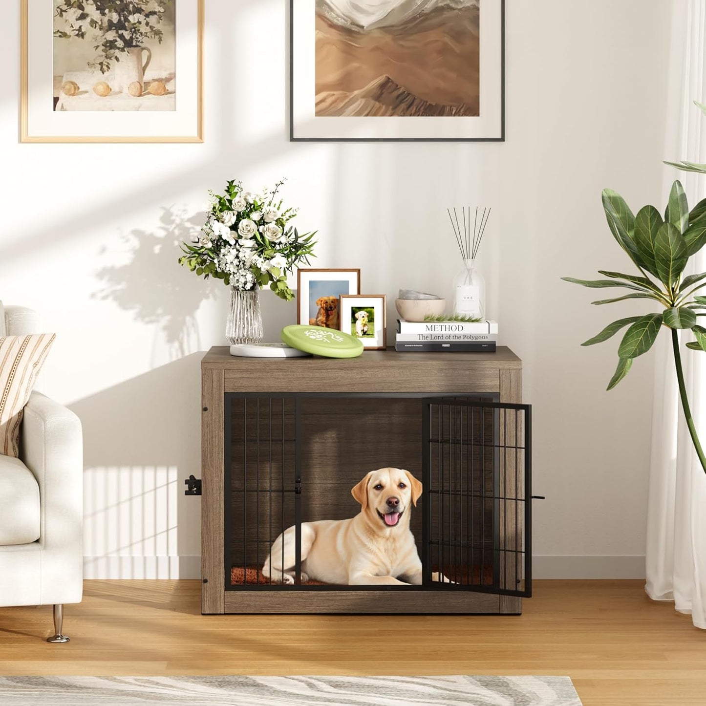 Greesum Modern Dog Crate Furniture That Doubles as a Side Table - Sturdy Wooden Kennel with Front & Side Door Access, Plush Cushion & Chew-Resistant Design for All Dog Sizes