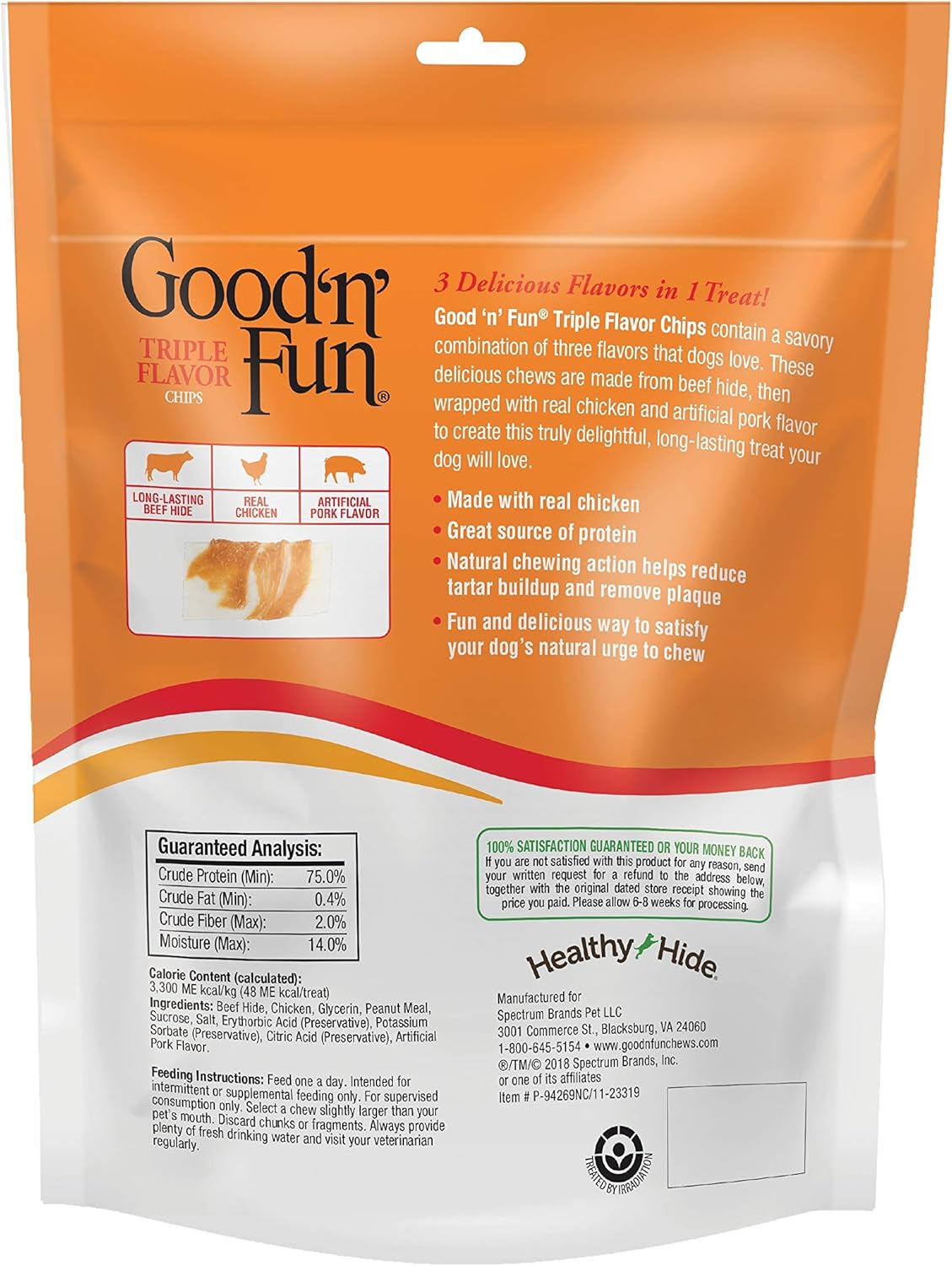 Good'n'Fun Triple Flavor Chips for All Dogs, Treat your Dog to a Premium Chicken and Beef Hide Chew, 4 oz