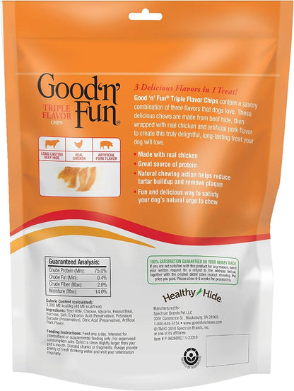 Good'n'Fun Triple Flavor Chips for All Dogs, Treat your Dog to a Premium Chicken and Beef Hide Chew, 4 oz