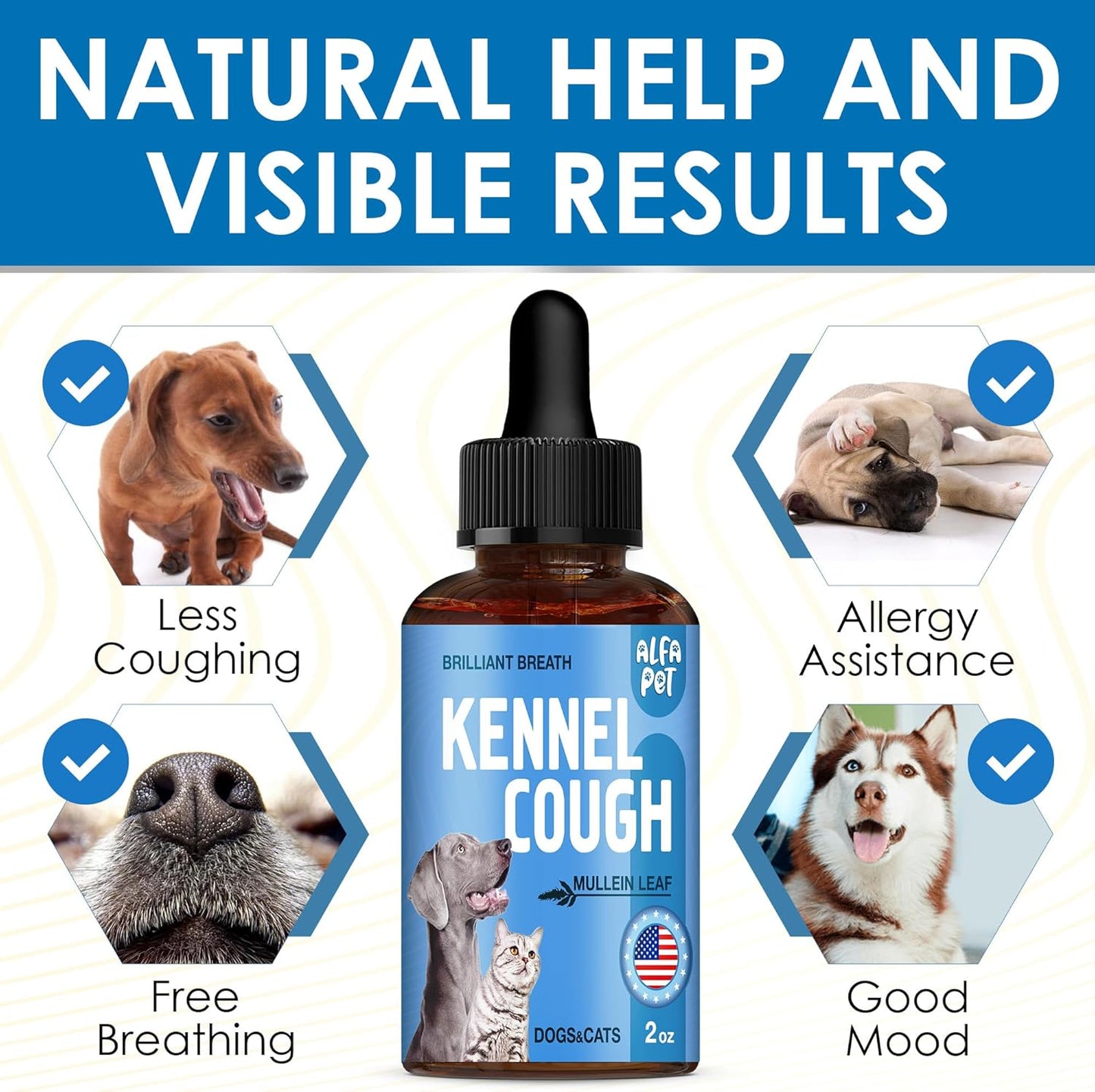 Dog Cough Treatment Liquid • Kennel Cough Medicine for Dogs & Cats • For Breathing During All Life Cycle • Marshmallow Root + Mullein Leaf in the Composition • Natural Supplement for All Breeds • 2 Oz