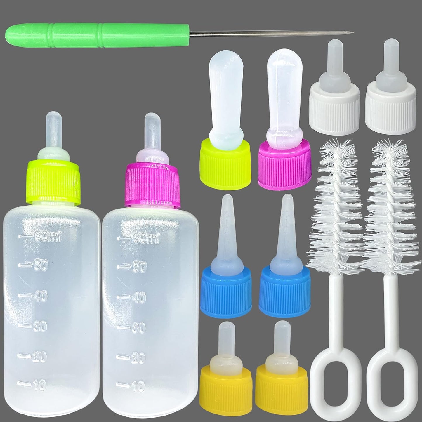 2 Sets of 5-Color Plastic and Silicone Feeding pet Supplies Set, Squeeze Liquid Bottles, Replaceable teats mini for Newborn Kittens, Puppies, Rabbits, Replacement Small Animals cat Bottle Tools