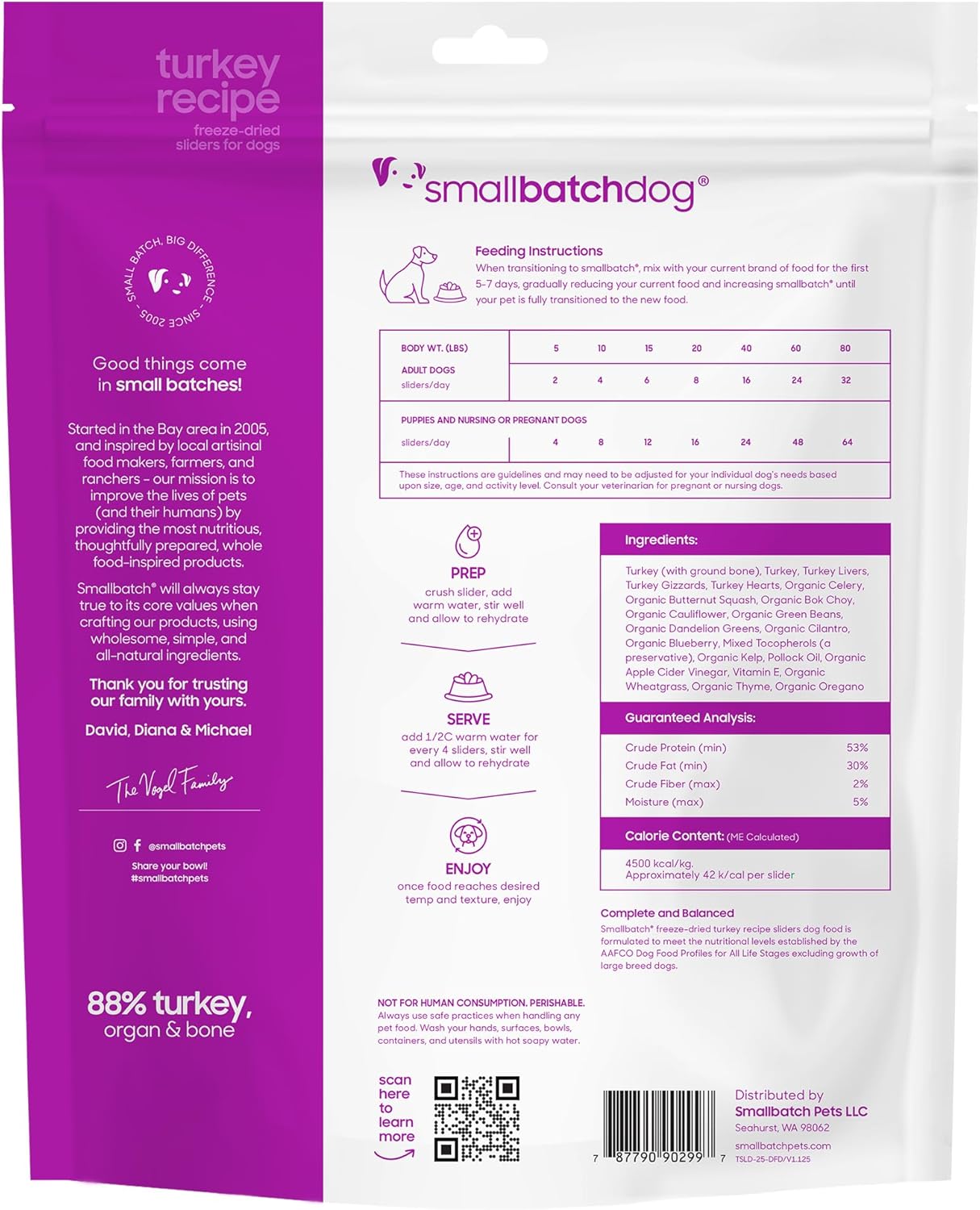smallbatch Pets Freeze Dried Raw Dog Food, Turkey Recipe, 25 oz, Organic High Protein Dog Food, Grain Free, Made in The USA, Humanely Raised Meat, Single Protein, for Picky Eaters, Hydrate & Serve