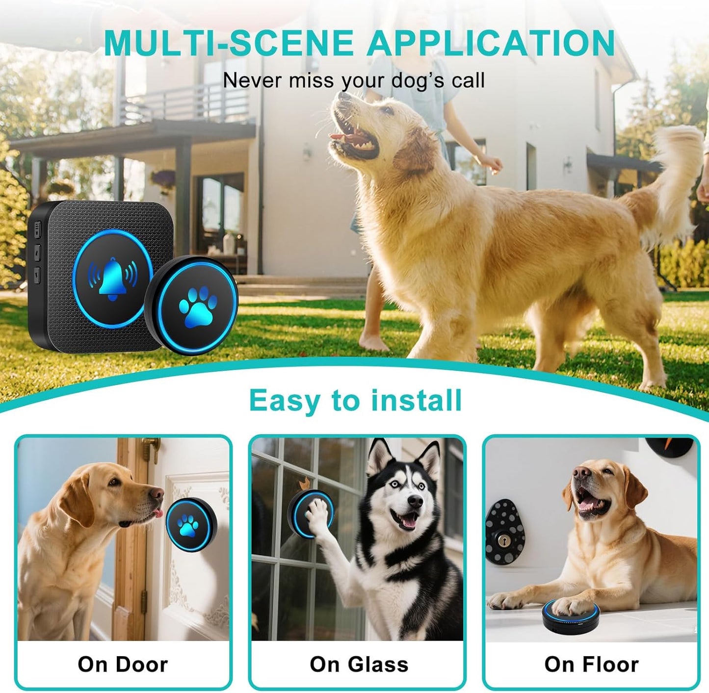 Dog Door Bell for Potty Training, Smart Wireless Doggie Doorbell to Go Outside, 1000 Feet Long Range with IP65 Waterproof Super-Light Touch Button, 60 Melodies & Adjustable Volume (2 Button)
