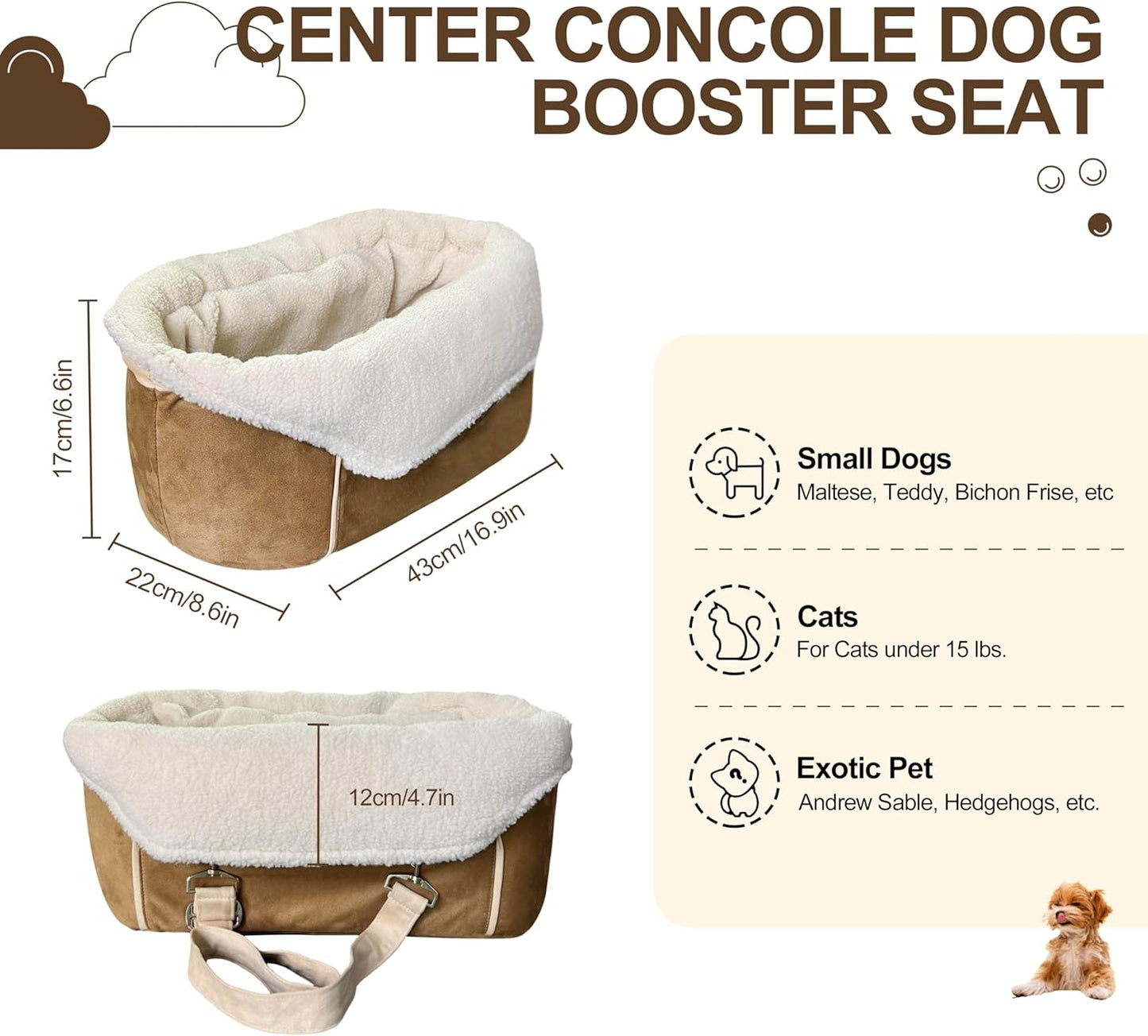 Dog Car Seat for Small Dogs Booster Seat Under 30lbs Pet Car Seat Travel Bed with Storage Pockets and Dog Safety Belt, Frosted-Velvet, Brown