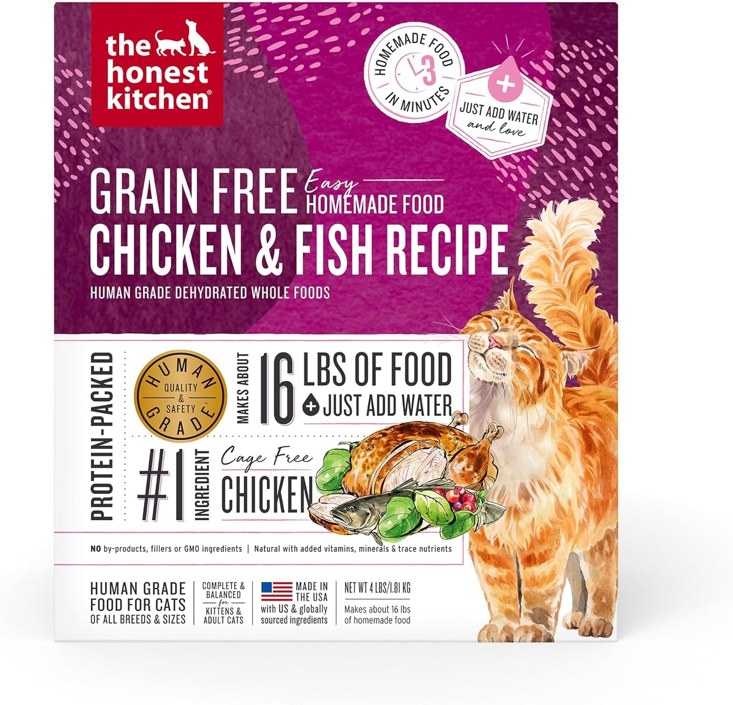 The Honest Kitchen Human Grade Dehydrated Grain Free Chicken & Fish Cat Food - Complete & Balanced Meal or Topper - 4 lb Box