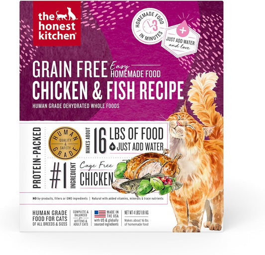 The Honest Kitchen Human Grade Dehydrated Grain Free Chicken & Fish Cat Food - Complete & Balanced Meal or Topper - 4 lb Box
