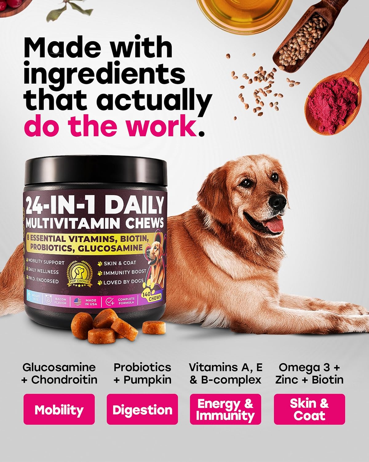 Dog Multivitamin & Probiotic Bundle – Daily Vitamins & Digestive Support Chews – Supports Gut Balance, Digestive Comfort, Skin, Coat, Immune & Joint Health – All Breeds, Puppies, Seniors 140+140 Chews