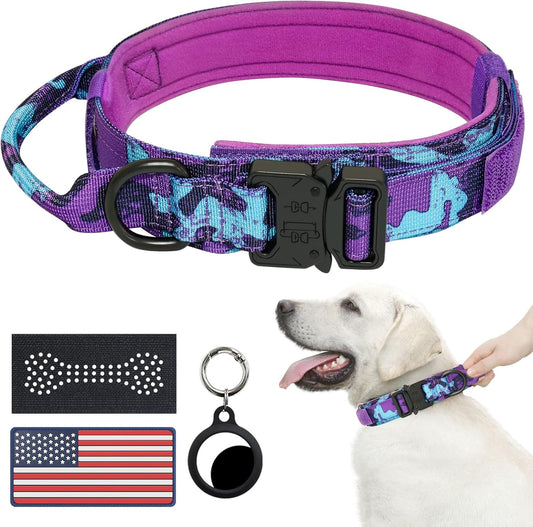 Hotsky Tactical Dog Collar, Adjustable Military Training Nylon Airtag Collar with Handle and Heavy Duty Metal Buckle for Medium Large Dogs, with Airtag Holder and Two Patches（Purple Camo,XL）