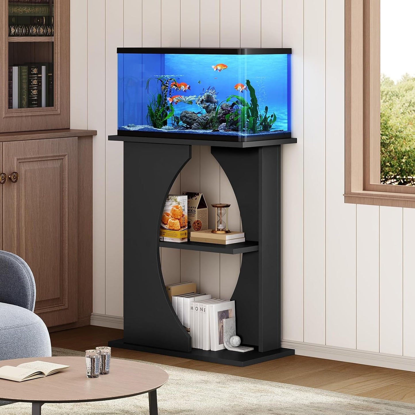 10 Gallon Fish Tank Stand, Wooden Aquarium Stand with 3-Tier Storage Shelves, Heavy Duty Turtle Reptile Terrarium Tank Stand for Home Office, 23.6" L x 11.8" W x 29.9" H, Black FTBK7601