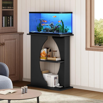 10 Gallon Fish Tank Stand, Wooden Aquarium Stand with 3-Tier Storage Shelves, Heavy Duty Turtle Reptile Terrarium Tank Stand for Home Office, 23.6" L x 11.8" W x 29.9" H, Black FTBK7601