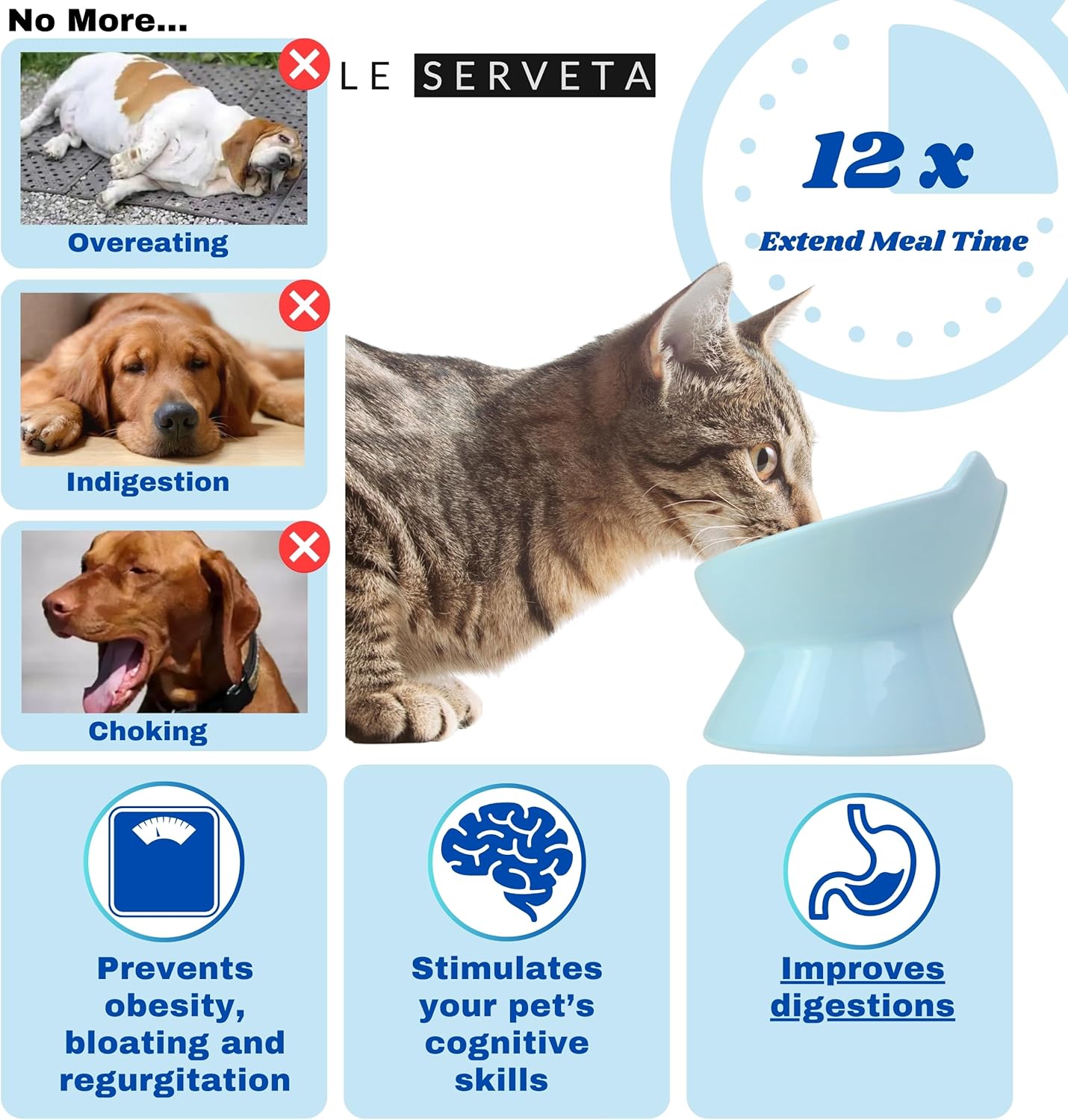 Macarons Series Ceramic Slow Feeder Cat Bowl, Raised Puzzle Feeder, Anti Vomiting Cat Slow Feeding, Elevated Food Bowl, Whisker Friendly Pet Bowl with Cute Ear Design (Blue)