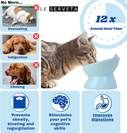 Macarons Series Ceramic Slow Feeder Cat Bowl, Raised Puzzle Feeder, Anti Vomiting Cat Slow Feeding, Elevated Food Bowl, Whisker Friendly Pet Bowl with Cute Ear Design (Blue)