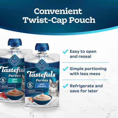 Blue Buffalo Tastefuls Purées Variety Pack, Natural Cat Food Complement, Resealable Twist Cap Pouches, Chicken and Tuna, 3-oz (12 Count, 6 of Each Flavor)