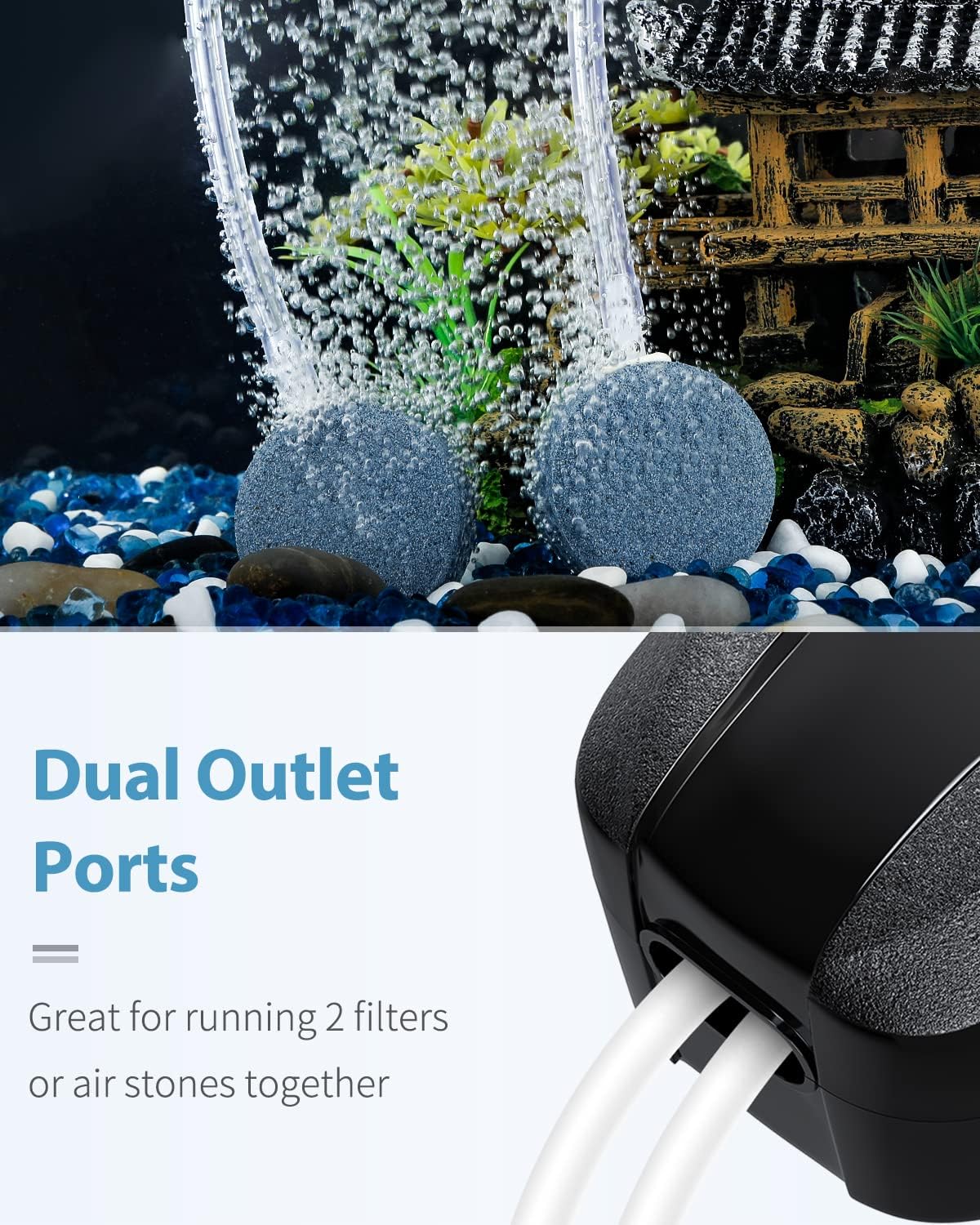 Uniclife Aquarium Air Pump Dual Outlet Fish Tank Aerator with Accessories for 5-200 Gallon Tank