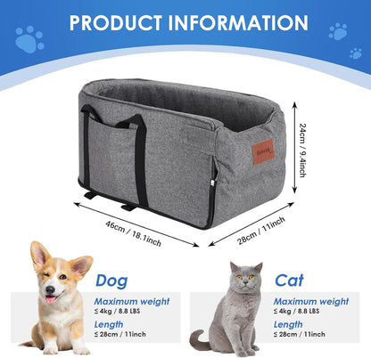 Dog Car Seat for Small Dogs, Center Console Dog Car Seat with Storage Pockets and Clip-On Safety Leash, Detachable and Washable Dog Booster Car Seat, Portable Dog Travel Carrier Bed(Grey)