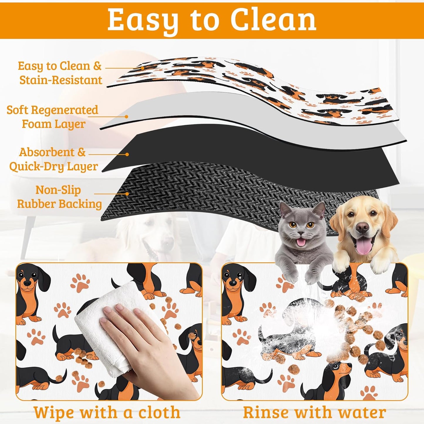 Dog Bowl Mat,Dog Dachshund Pet Feeding Mat for Floors Waterproof,Grey Paws Absorbent Dogs Placemat for Food and Water Quick Dry Pet Cat Feeding Mats with Non Slip Bottom 16" x 24"