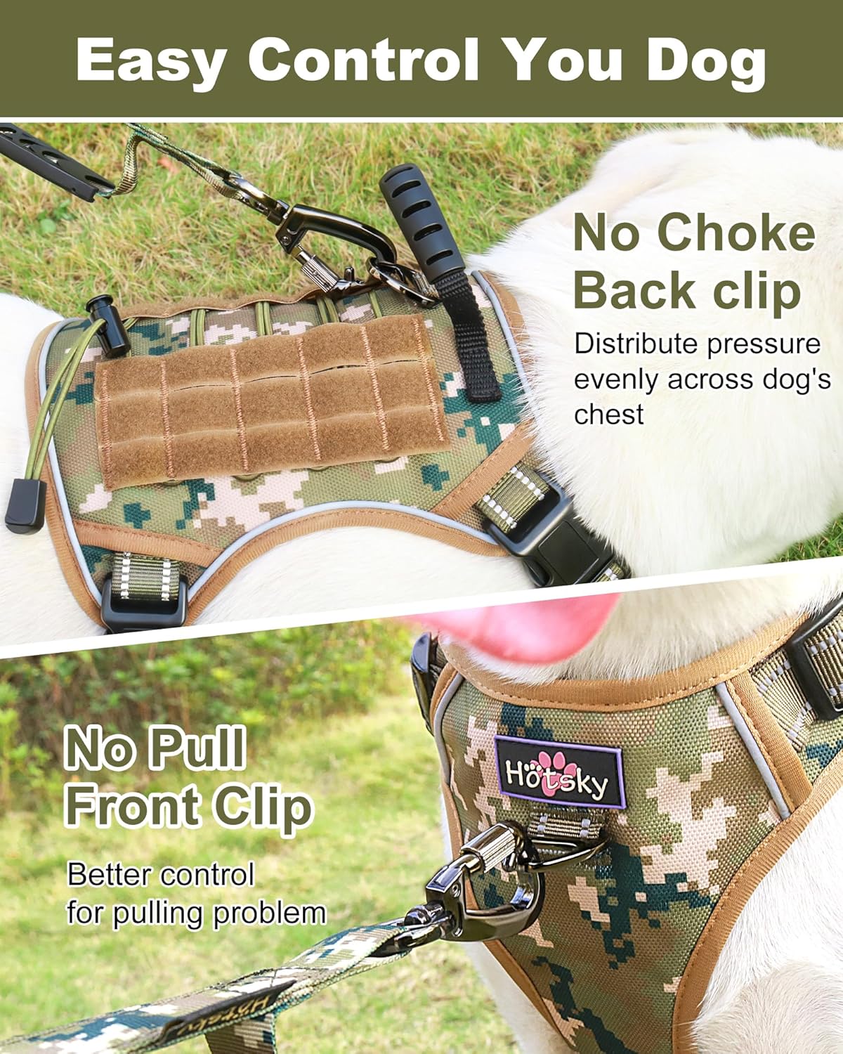 Hotsky Tactical Dog Seatbelt Harness for Medium Dogs No Pull, Adjustable Military Service Dog Vest Reflective Pet Harness with Control Handle Molle Loop Panels for Dogs Training Walking(Army Camo, M)
