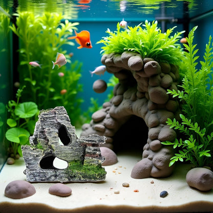 Resin Aquarium Mountain Decor with Moss Rock Cave - Multi-Level Terrain for Fish Tank Landscaping, Natural-Looking Rockery Design with Hidden Cave and Crevices for Shrimp, Reptile Habitat