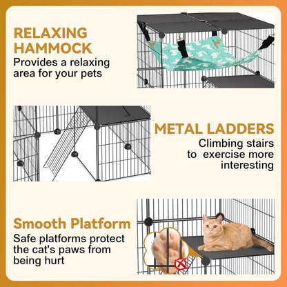 Cat Cage, 4-Tier DIY Cat Enclosures Catio, Cat Playpen Indoor & Outdoor with Hammock, Detachable Metal Wire Kennel Cats Crate, 2x2x4 Exercise Place for 1-3 Cats/Kitten
