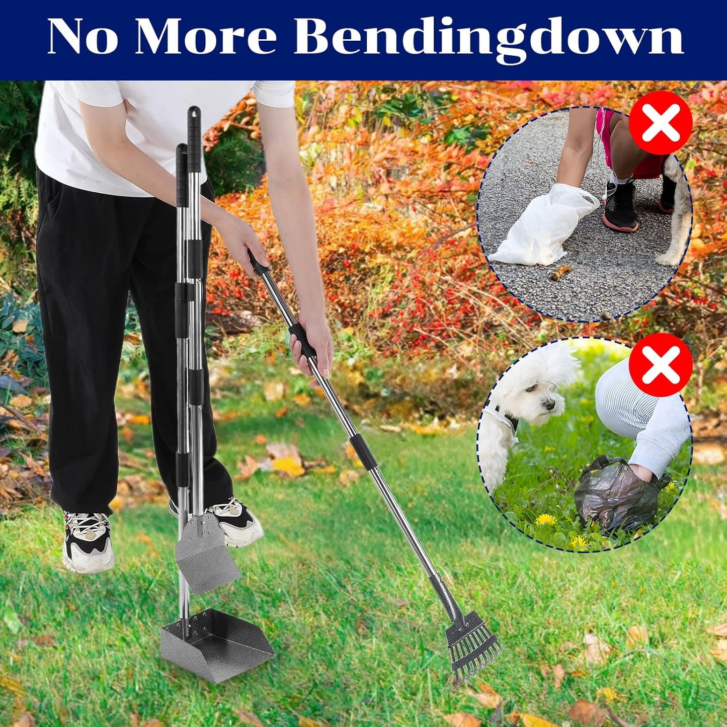 3 Pcs Dog Pooper Scooper Tray Shovel & Rake Kit, Heavy Duty Dog Poop Scooper with Adjustable Metal Long Handle, Portable Large Dogs Poop Picker Upper for Yard, Walks, Grass & Garden Leaves
