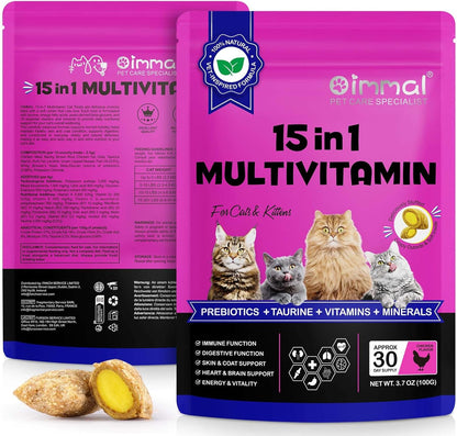 Cat Vitamins Treats, 15 in 1 Cat Multivitamin Chews Vitamins with Taurine, Omega Fatty Acids, Prebiotics for Health, Bones, Joint, Skin & Coat, Digestion, Immune Support(30 Day Supply)-2PCS