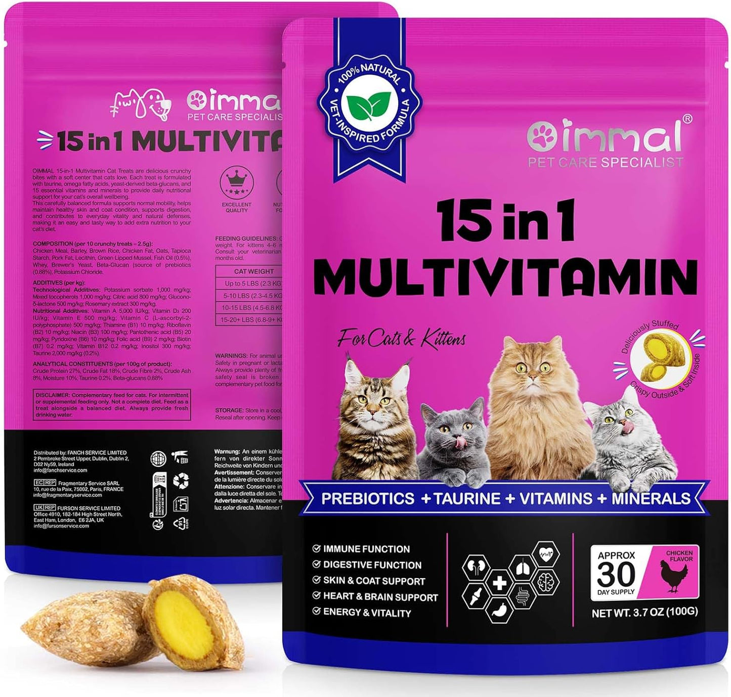 Cat Vitamins Treats, 15 in 1 Cat Multivitamin Chews Vitamins with Taurine, Omega Fatty Acids, Prebiotics for Health, Bones, Joint, Skin & Coat, Digestion, Immune Support(30 Day Supply)-2PCS