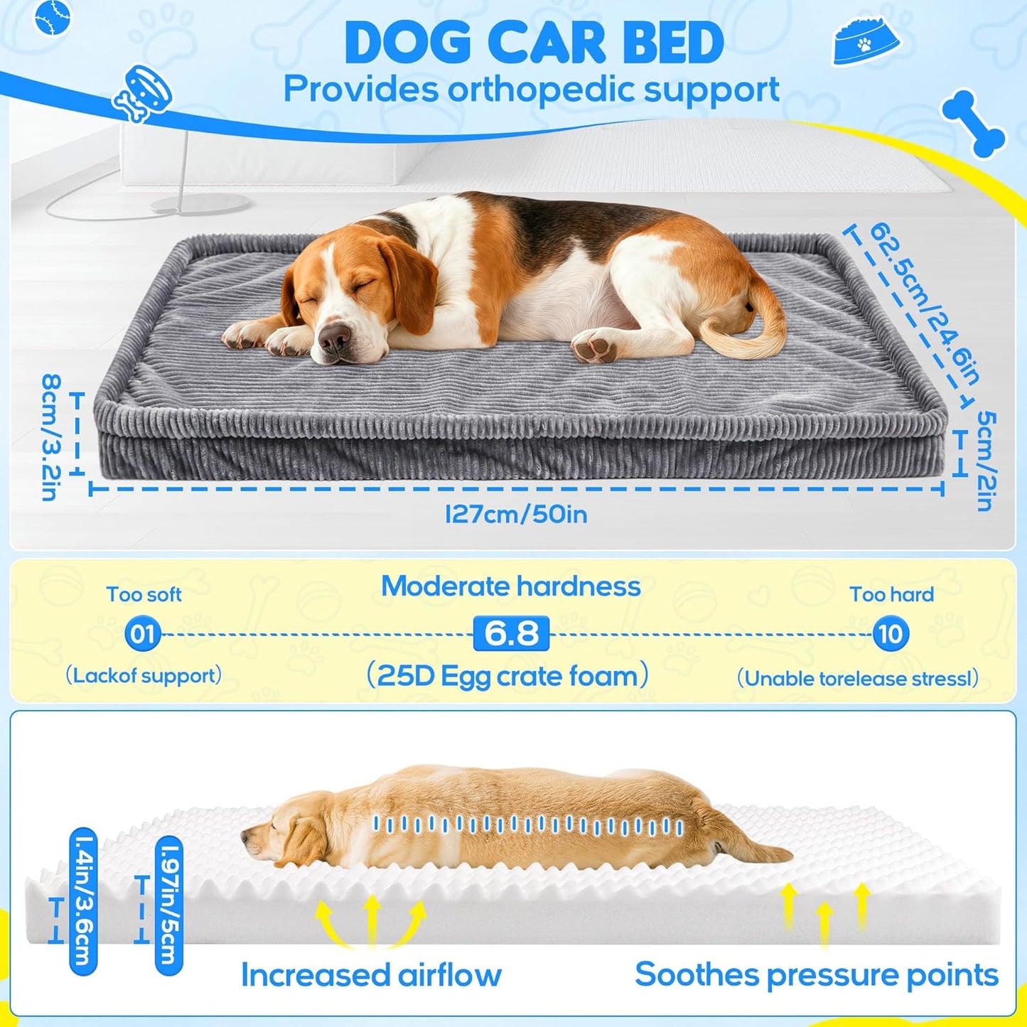 Dog Car Bed, Non-Slip Backseat Extender Pet Mat, Removable Washable Dog Bed for SUVs, Sedans & Trucks, Anti-Slip Travel Bed for Dogs, Easy Clean & Scratch-Proof & Comfort (50"x24.6")