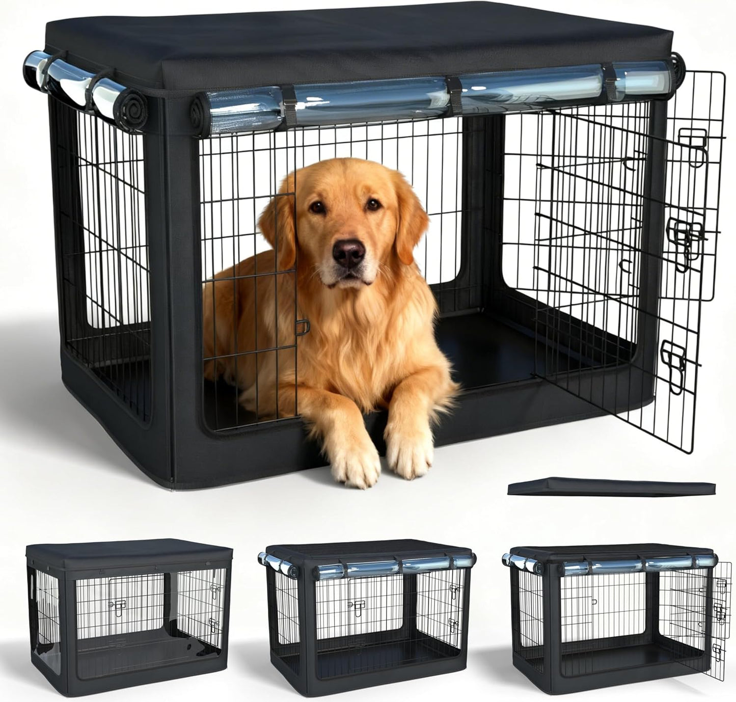 Dog Crate Cover,Fits Most 42-inch Dog Crates,Unique Knife Cloth (More Durable and Heavy Duty)+ EVA Transparent Material,with Waterproof Sunshade Cover,Waterproof Dog Kennel Cover,Black(Cover Only)