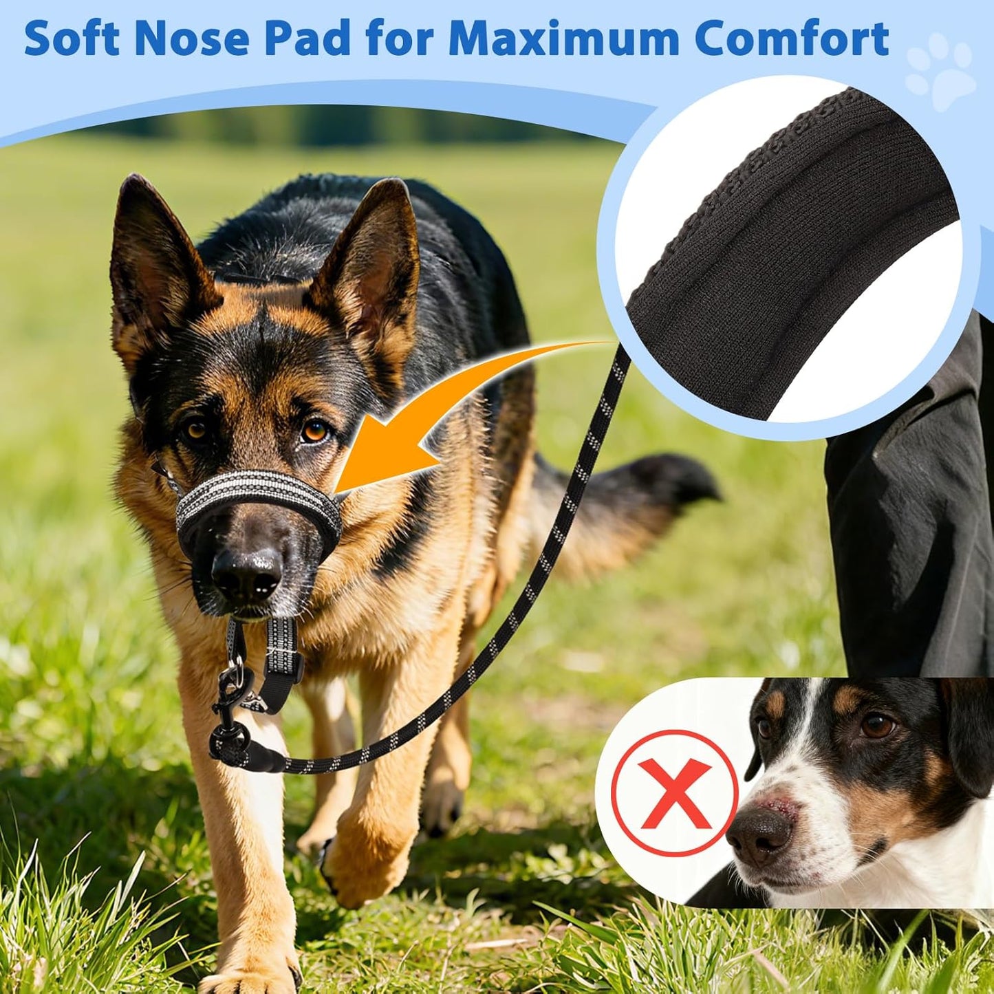 BARKLESS No Pull Dog Head Collar for Gentle Training Walking, Soft Padded Head Halter with Collar Safety Clip, Comfortable Fit Muzzle Leash with Reflective Strap for Medium Large Dog (Grey, XL)